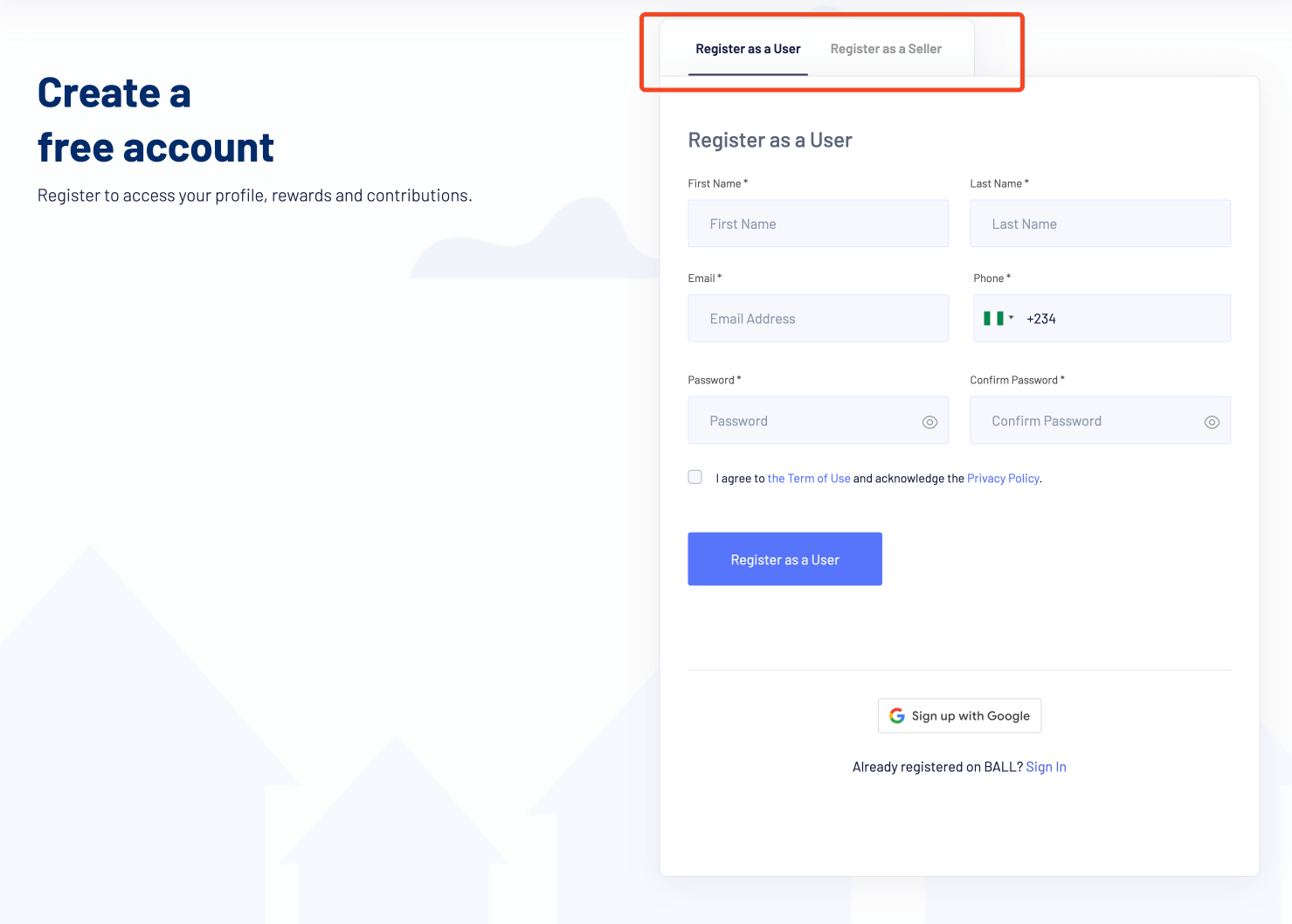 Select Account Type Page